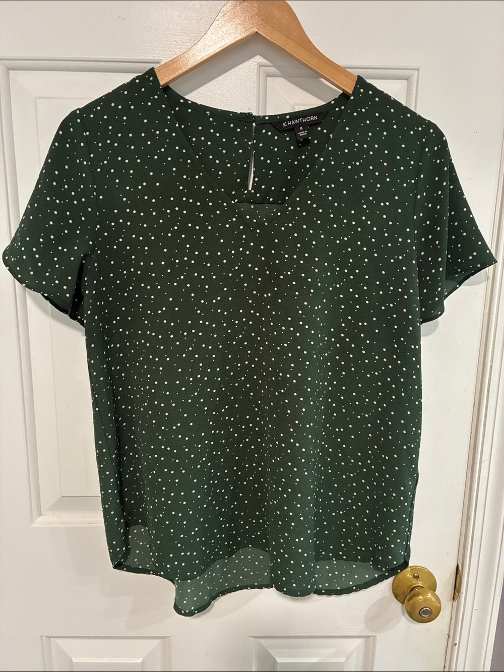 41 Hawthorn Forest Green White Dot Short Sleeve Blouse